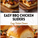 Golden BBQ chicken sliders made with Hawaiian rolls stacked on a wooden tray with slider toppings.